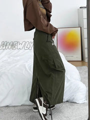 Hnewly Cargo Long Skirt Women Streetwear 90S Low Waist A-Line Pocket Shirring Split Midi Vintage