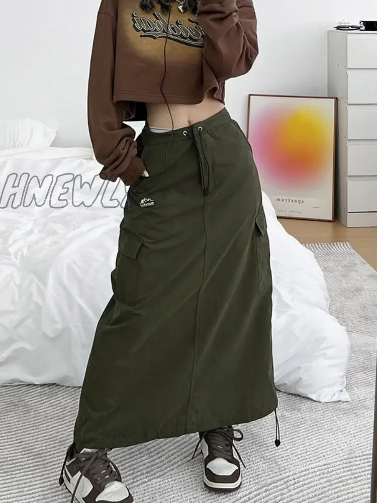 Hnewly Cargo Long Skirt Women Streetwear 90S Low Waist A-Line Pocket Shirring Split Midi Vintage