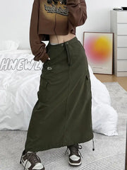 Hnewly Cargo Long Skirt Women Streetwear 90S Low Waist A-Line Pocket Shirring Split Midi Vintage