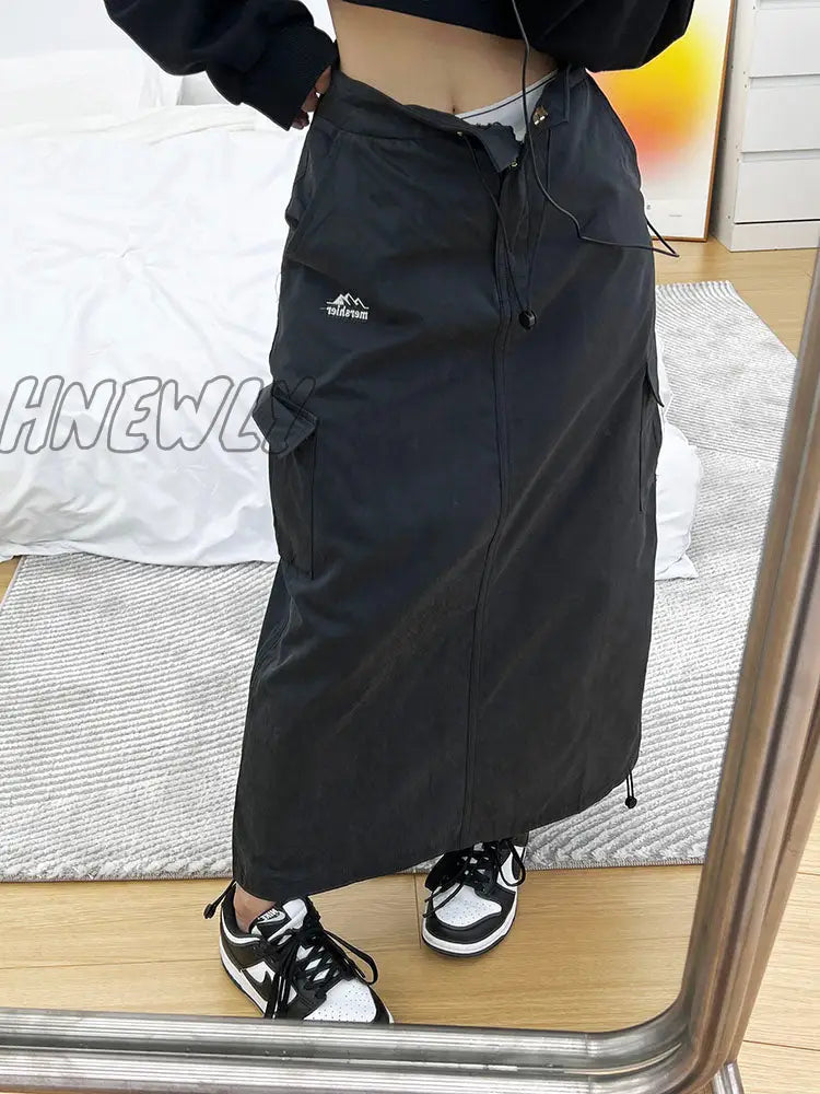Hnewly Cargo Long Skirt Women Streetwear 90S Low Waist A-Line Pocket Shirring Split Midi Vintage