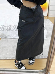 Hnewly Cargo Long Skirt Women Streetwear 90S Low Waist A-Line Pocket Shirring Split Midi Vintage
