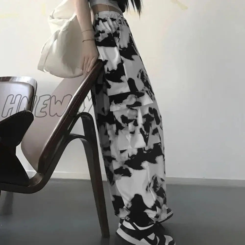 Hnewly Cargo Pants Tie Dye Harajuku Streetwear Wide Leg Women High Waisted Trousers Punk Oversize