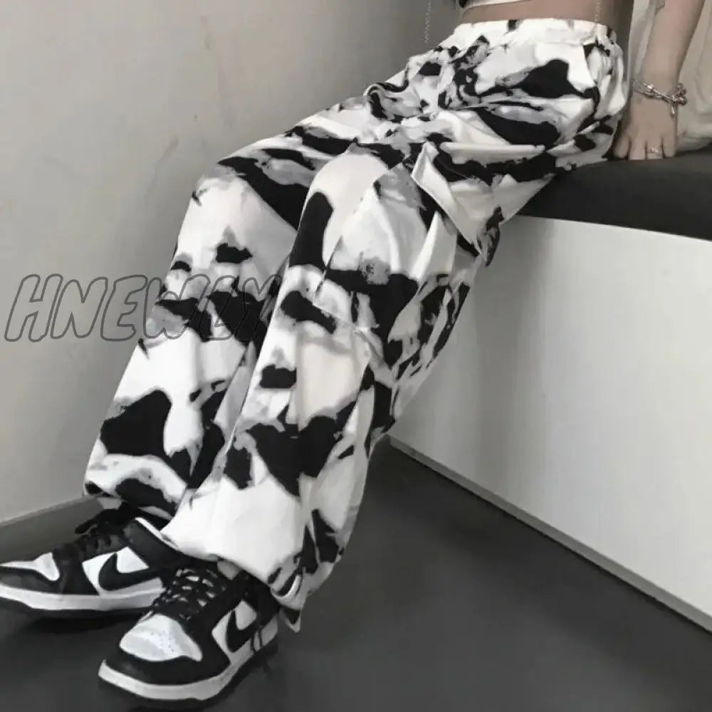 Hnewly Cargo Pants Tie Dye Harajuku Streetwear Wide Leg Women High Waisted Trousers Punk Oversize