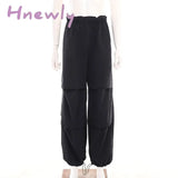 Hnewly Cargo Pants Women’s High Waist Drawstring Simple Straight Leg Street Fashion Solid Color
