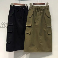 Cargo Skirts for Women 100% Cotton Y2k Skirts Elastic Waist Spring Summer Drawstring Girls Full Length Skirt Black