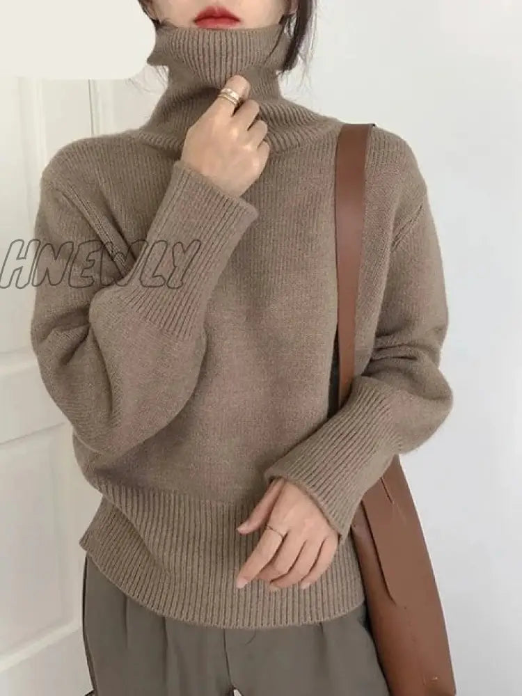 Hnewly Cashmere Elegant Turtle Neck Women Sweater Soft Knitted Basic Pullovers O Loose Warm Female