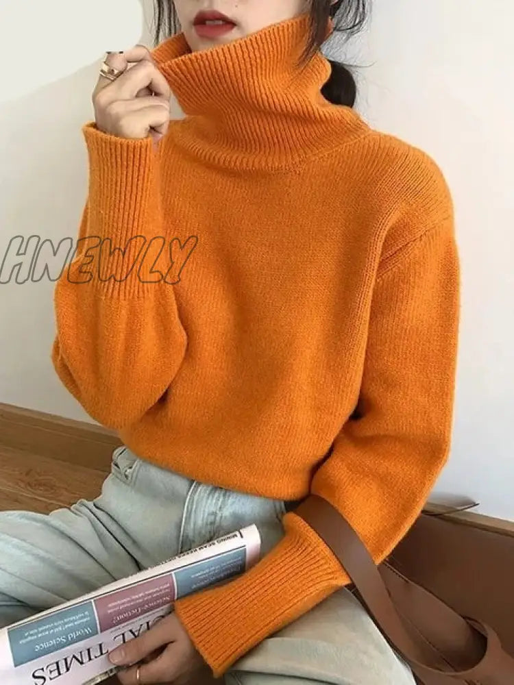 Hnewly Cashmere Elegant Turtle Neck Women Sweater Soft Knitted Basic Pullovers O Loose Warm Female