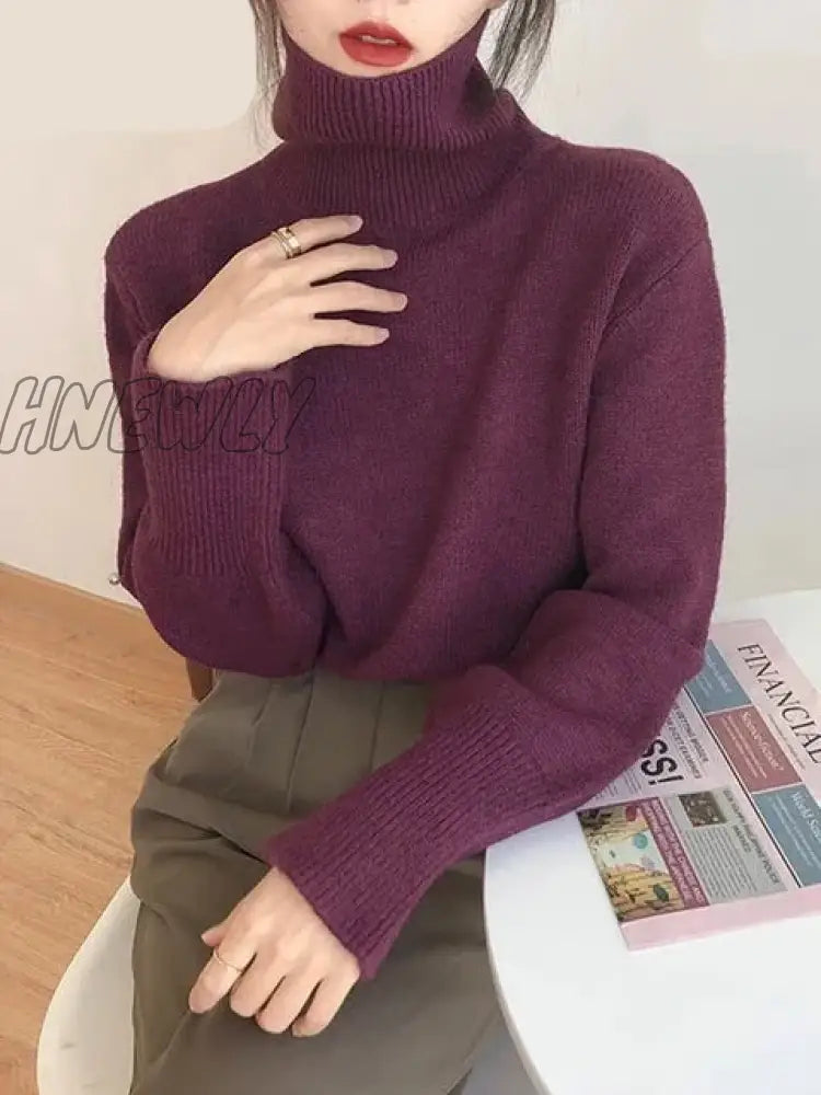 Hnewly Cashmere Elegant Turtle Neck Women Sweater Soft Knitted Basic Pullovers O Loose Warm Female
