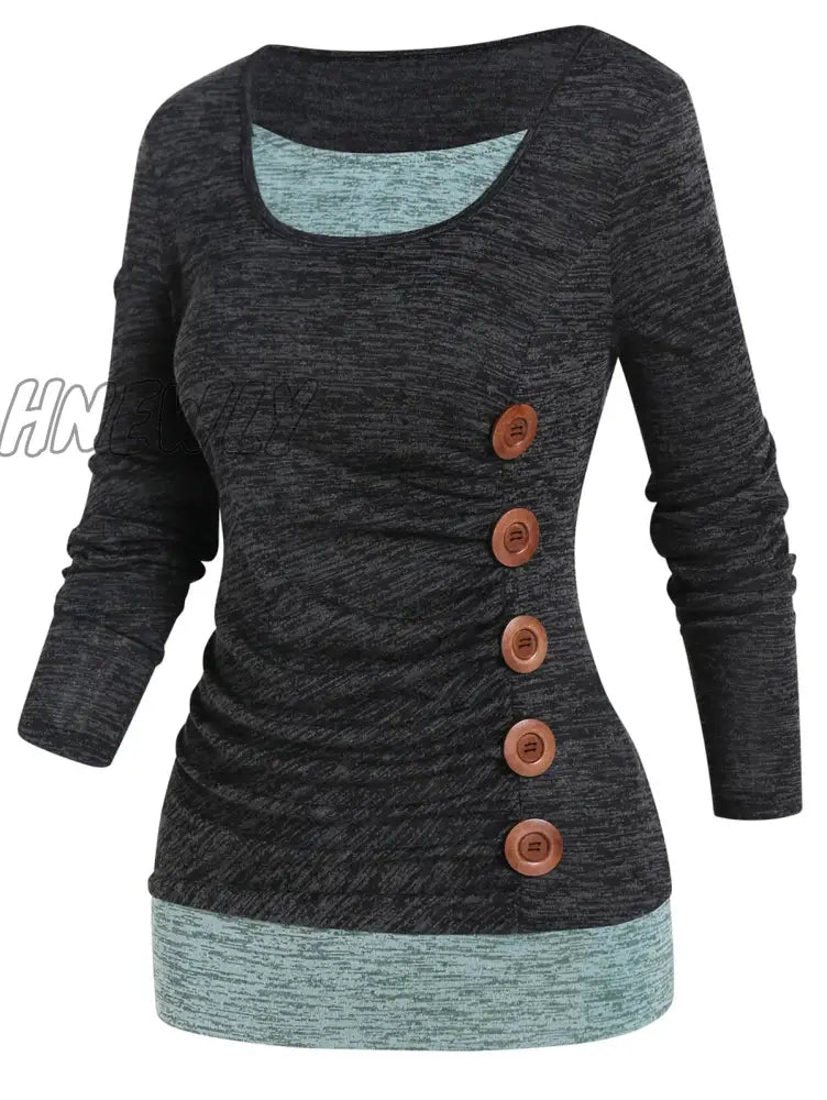Hnewly Casual 2 In 1 Space Dye Faux Twinset Tops For Autumn Contrast Colorblock Mock Button Long