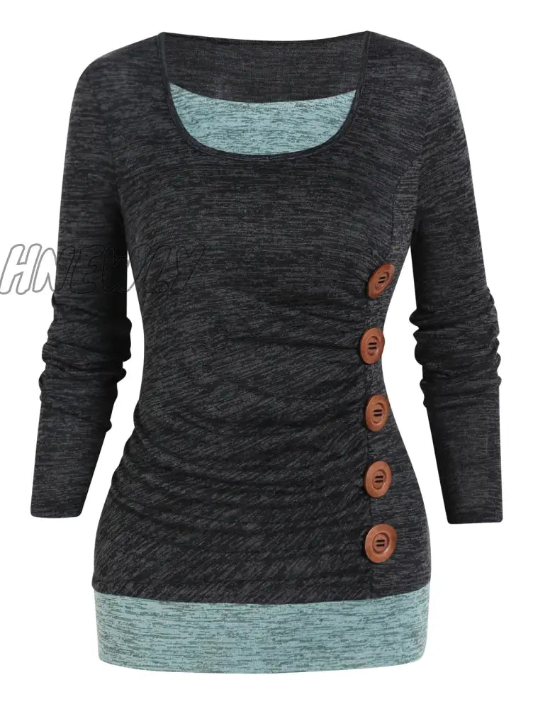 Hnewly Casual 2 In 1 Space Dye Faux Twinset Tops For Autumn Contrast Colorblock Mock Button Long