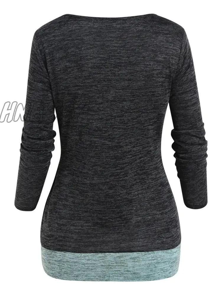 Hnewly Casual 2 In 1 Space Dye Faux Twinset Tops For Autumn Contrast Colorblock Mock Button Long