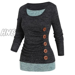 Hnewly Casual 2 In 1 Space Dye Faux Twinset Tops For Autumn Contrast Colorblock Mock Button Long
