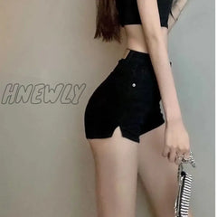Hnewly Casual Blue Denim Shorts Women Sexy High Waist Buttons Pockets Slim Fit Summer Beach