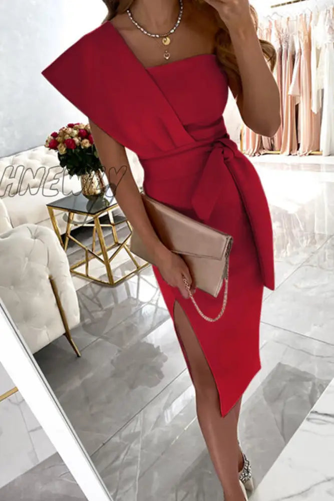 Hnewly - Casual Print Split Joint One Shoulder Pencil Skirt Dresses(4 Colors) Red / S Dresses/Party