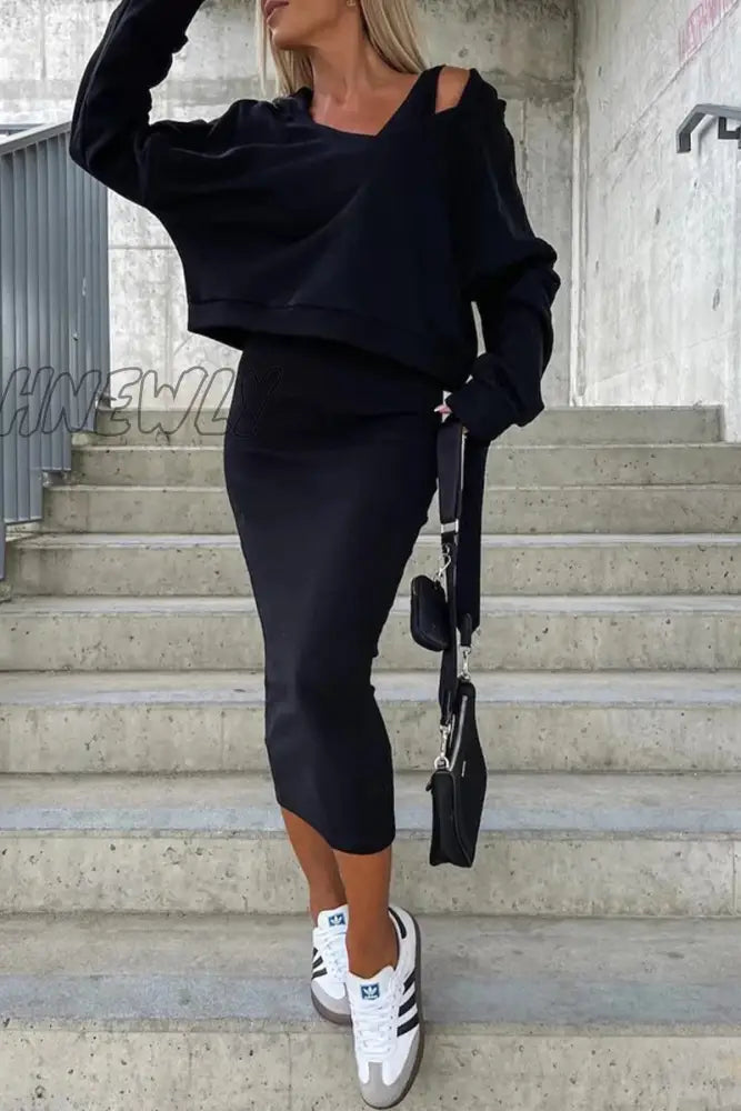 Hnewly - Casual Simplicity Solid Patchwork Hooded Collar Long Sleeve Two Pieces(3 Colors) Black / S