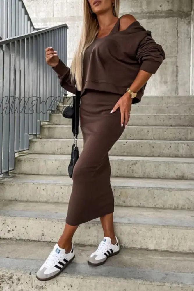 Hnewly - Casual Simplicity Solid Patchwork Hooded Collar Long Sleeve Two Pieces(3 Colors) Brown / S