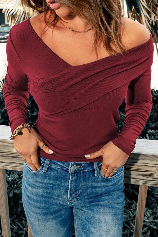Hnewly - Casual Simplicity Solid Patchwork V Neck Tops(6 Colors) Burgundy / S Tops/Long Sleeve Tops