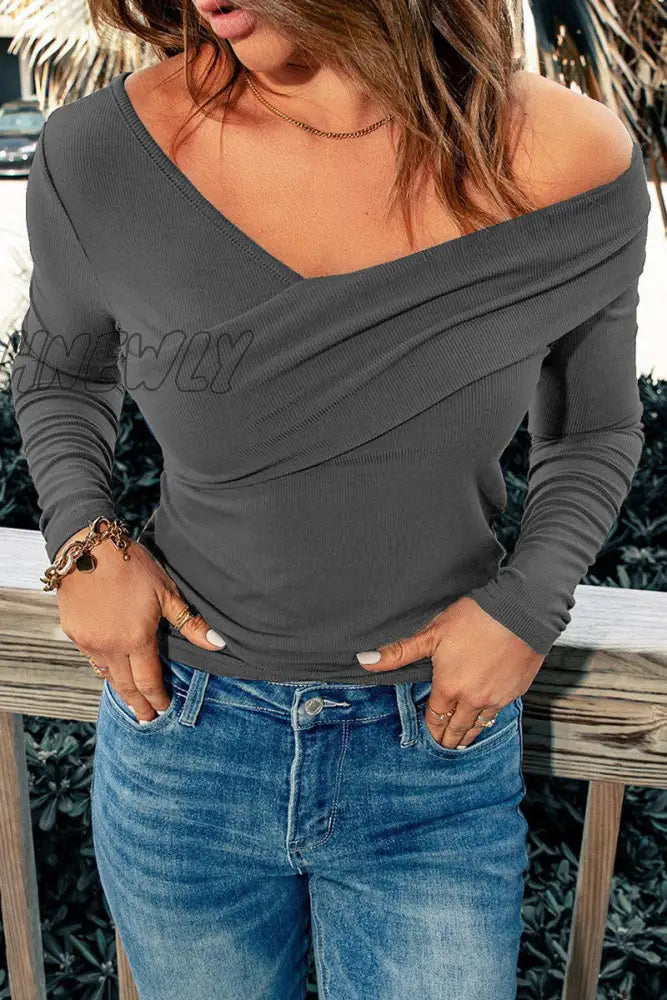 Hnewly - Casual Simplicity Solid Patchwork V Neck Tops(6 Colors) Grey / S Tops/Long Sleeve Tops