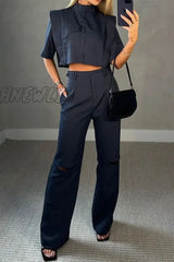 Hnewly - Casual Simplicity Solid Ripped Pocket Half A Turtleneck Sleeve Two Pieces Black / S