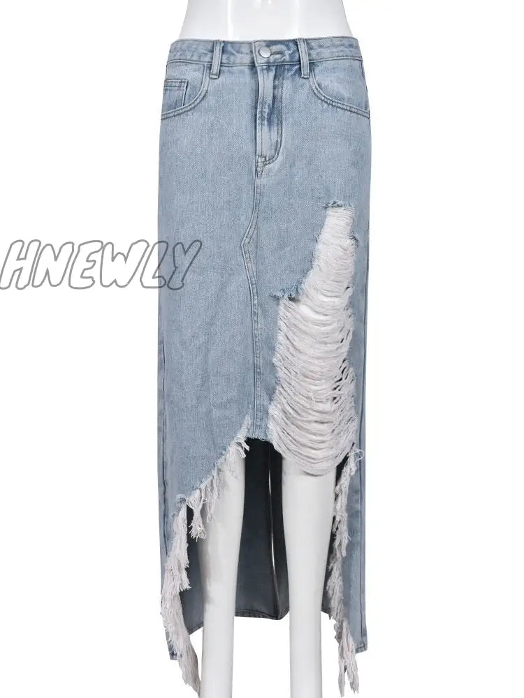 Hnewly Casual Slit Denim Skirts For Women With Pockets Frayed Raw Hem Stretch Waist Washed Slim