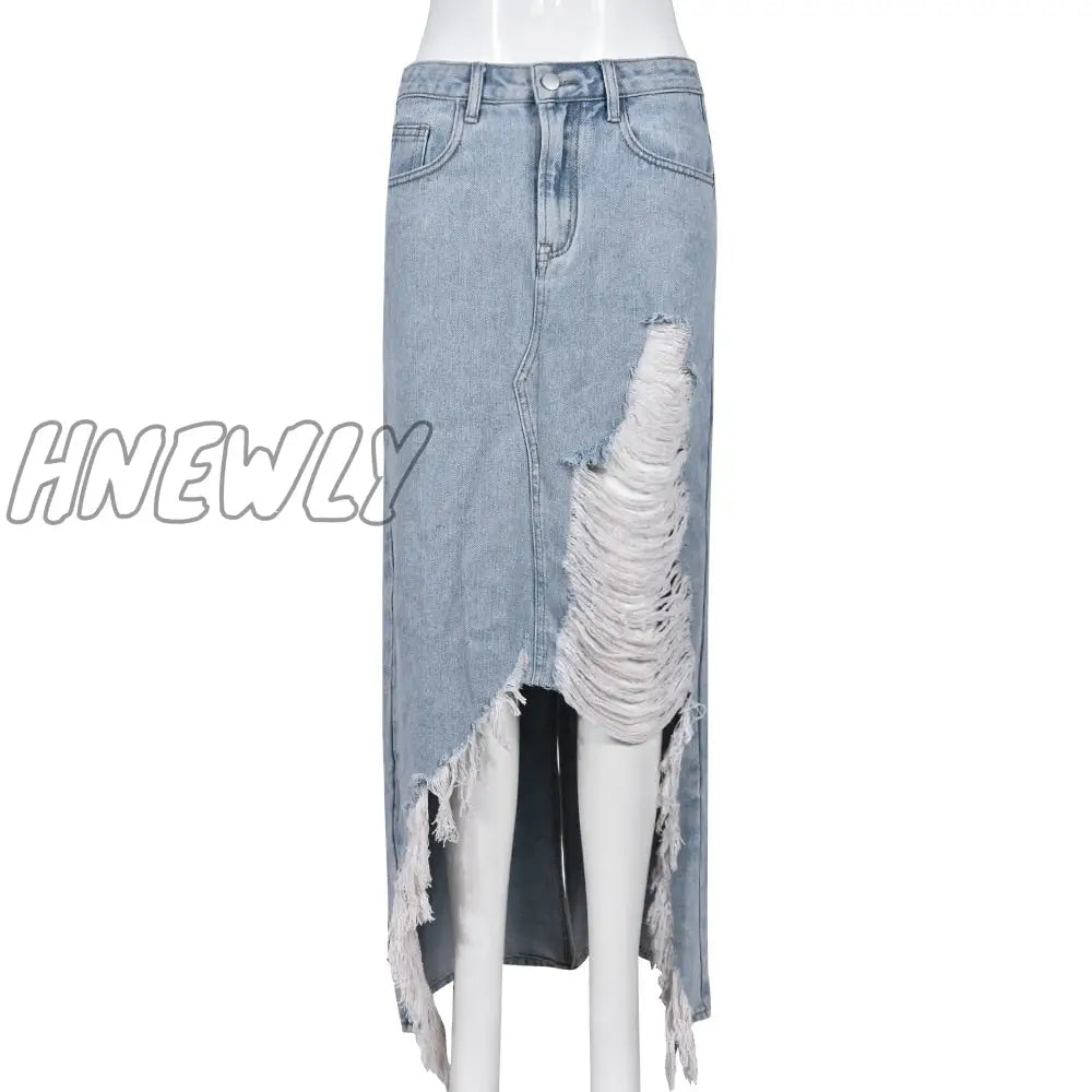 Hnewly Casual Slit Denim Skirts For Women With Pockets Frayed Raw Hem Stretch Waist Washed Slim
