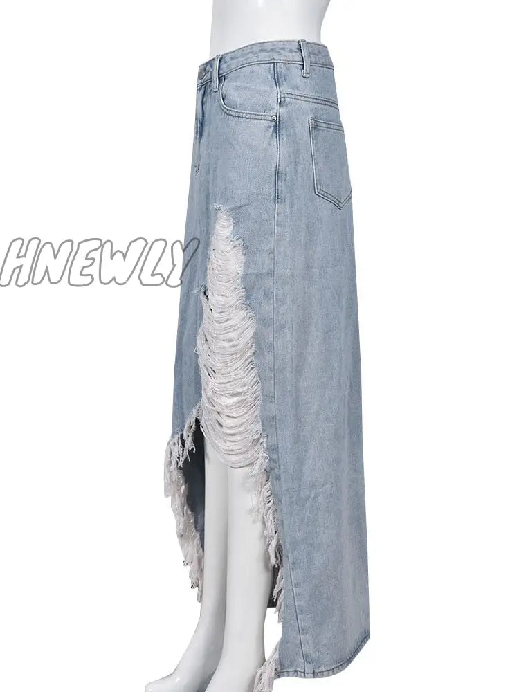 Hnewly Casual Slit Denim Skirts For Women With Pockets Frayed Raw Hem Stretch Waist Washed Slim
