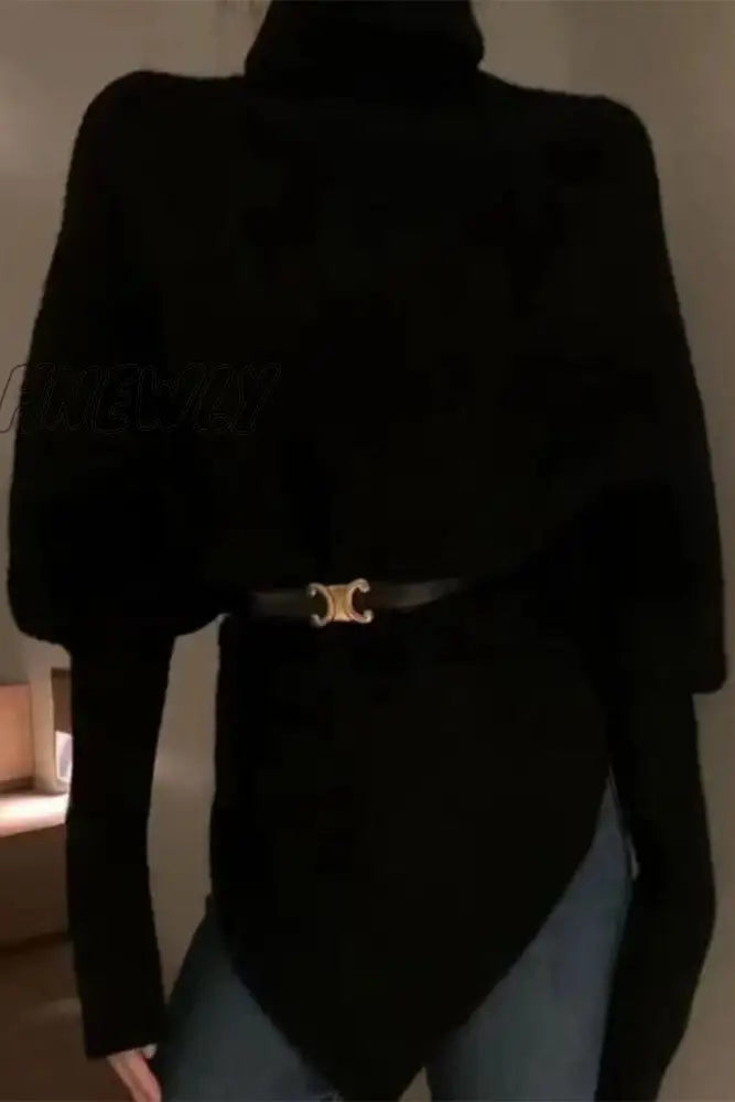 Hnewly - Casual Solid Asymmetrical Turtleneck Tops Black / One Size Tops/Sweaters & Cardigans