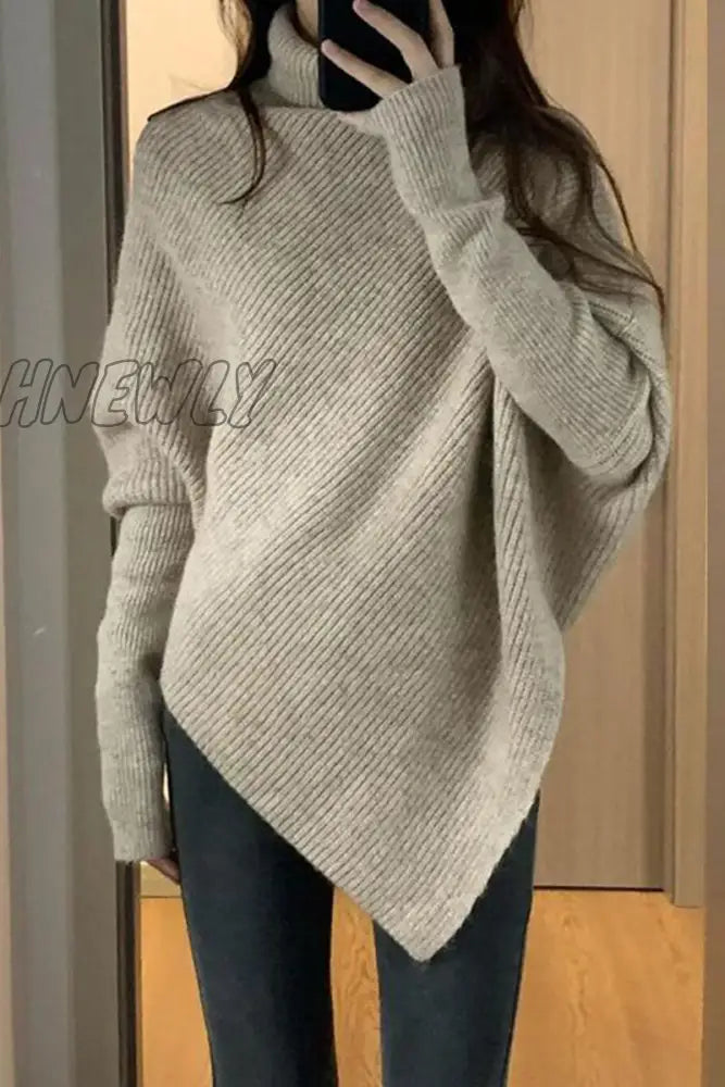 Hnewly - Casual Solid Asymmetrical Turtleneck Tops Khaki / One Size Tops/Sweaters & Cardigans