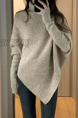 Hnewly - Casual Solid Asymmetrical Turtleneck Tops Khaki / One Size Tops/Sweaters & Cardigans
