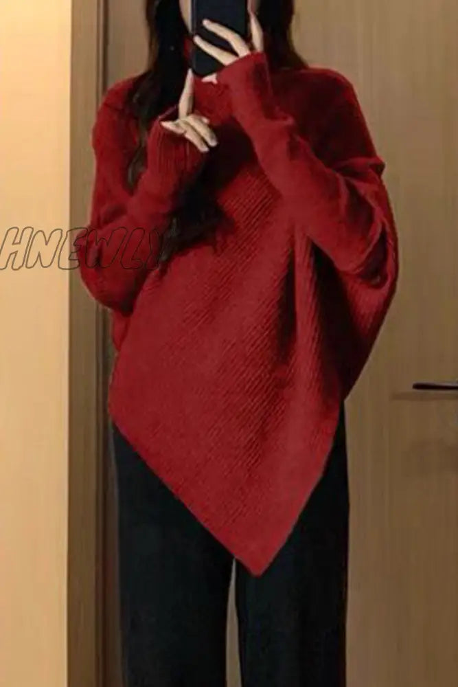 Hnewly - Casual Solid Asymmetrical Turtleneck Tops Red / One Size Tops/Sweaters & Cardigans