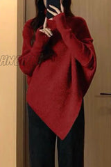 Hnewly - Casual Solid Asymmetrical Turtleneck Tops Red / One Size Tops/Sweaters & Cardigans