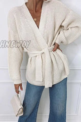 Hnewly - Casual Solid Bandage V Neck Cardigans(3 Colors) White / One Size Tops/Sweaters & Cardigans