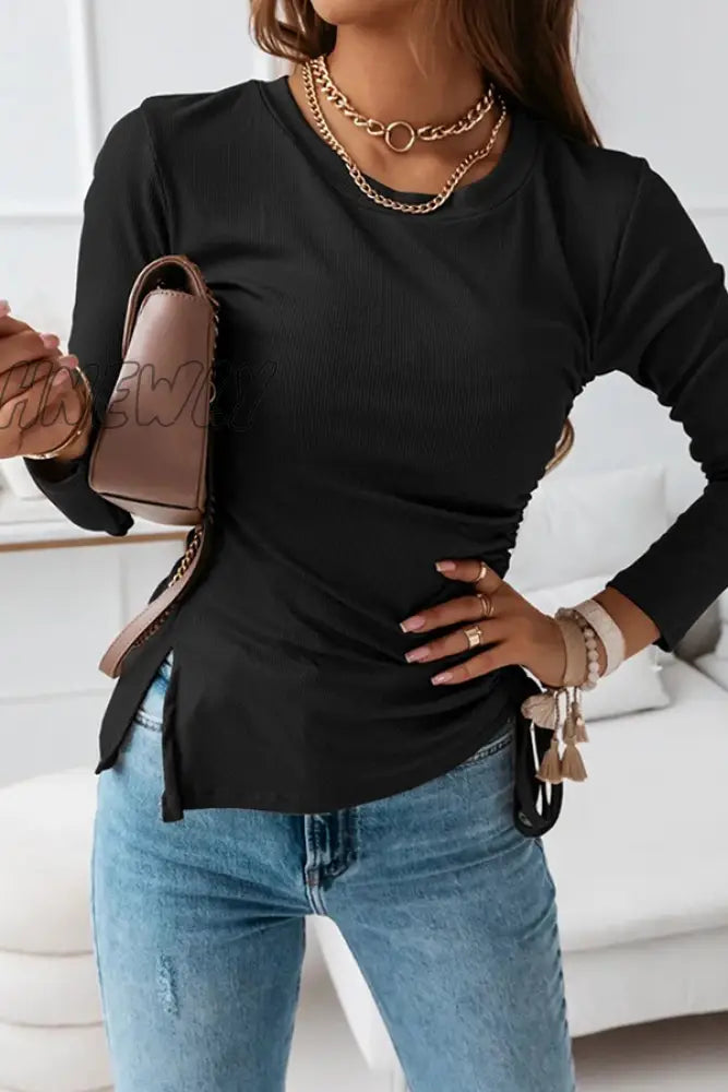 Hnewly - Casual Solid Draw String Slit O Neck Tops Black / S Tops/Long Sleeve