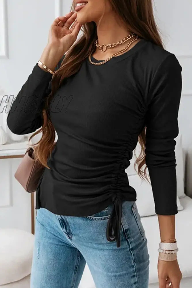 Hnewly - Casual Solid Draw String Slit O Neck Tops Tops/Long Sleeve