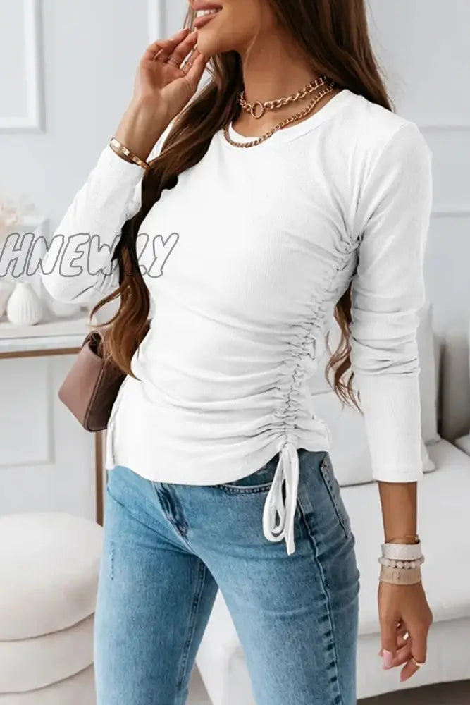 Hnewly - Casual Solid Draw String Slit O Neck Tops Tops/Long Sleeve