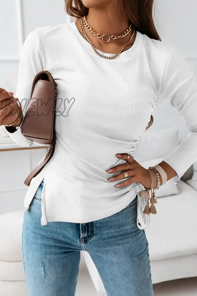 Hnewly - Casual Solid Draw String Slit O Neck Tops White / S Tops/Long Sleeve