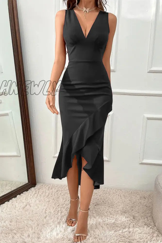 Hnewly - Casual Solid Flounce Asymmetrical V Neck Evening Dress Dresses(3 Colors) Black / S