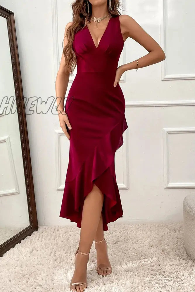 Hnewly - Casual Solid Flounce Asymmetrical V Neck Evening Dress Dresses(3 Colors) Burgundy / S