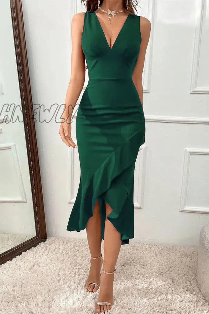 Hnewly - Casual Solid Flounce Asymmetrical V Neck Evening Dress Dresses(3 Colors) Green / S