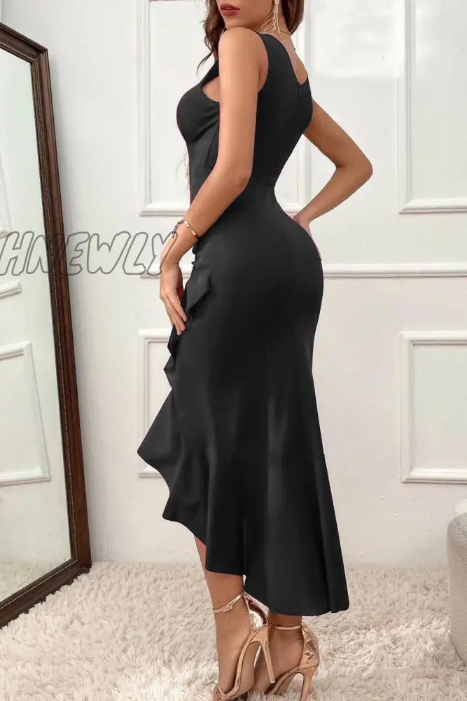 Hnewly - Casual Solid Flounce Asymmetrical V Neck Evening Dress Dresses(3 Colors) Dresses/Party And