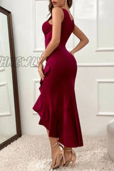 Hnewly - Casual Solid Flounce Asymmetrical V Neck Evening Dress Dresses(3 Colors) Dresses/Party And