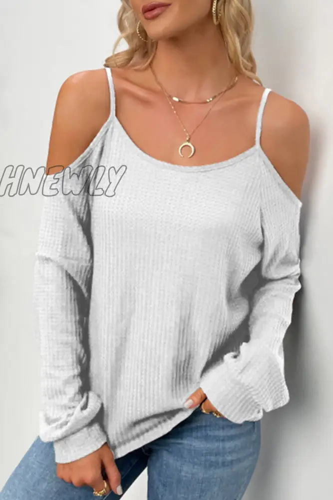 Hnewly - Casual Solid Hollowed Out Draw String O Neck Tops(6 Colors) White / S Tops/Long Sleeve Tops