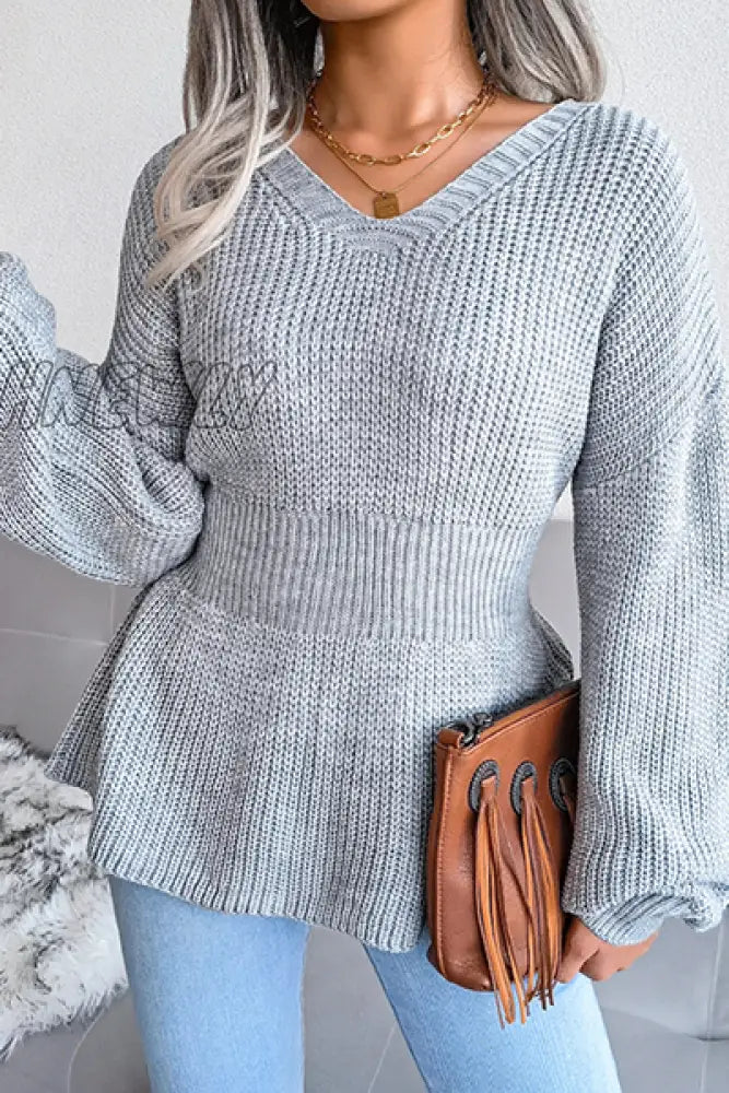 Hnewly - Casual Solid Patchwork Flounce V Neck Sweaters(3 Colors) Grey / S Tops/Sweaters & Cardigans