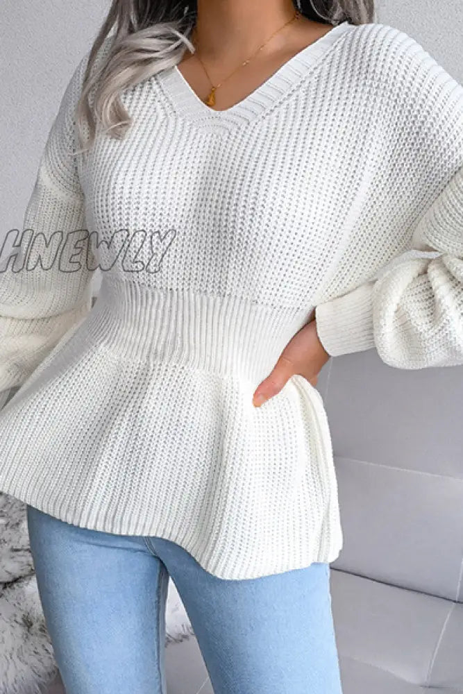 Hnewly - Casual Solid Patchwork Flounce V Neck Sweaters(3 Colors) White / S Tops/Sweaters &