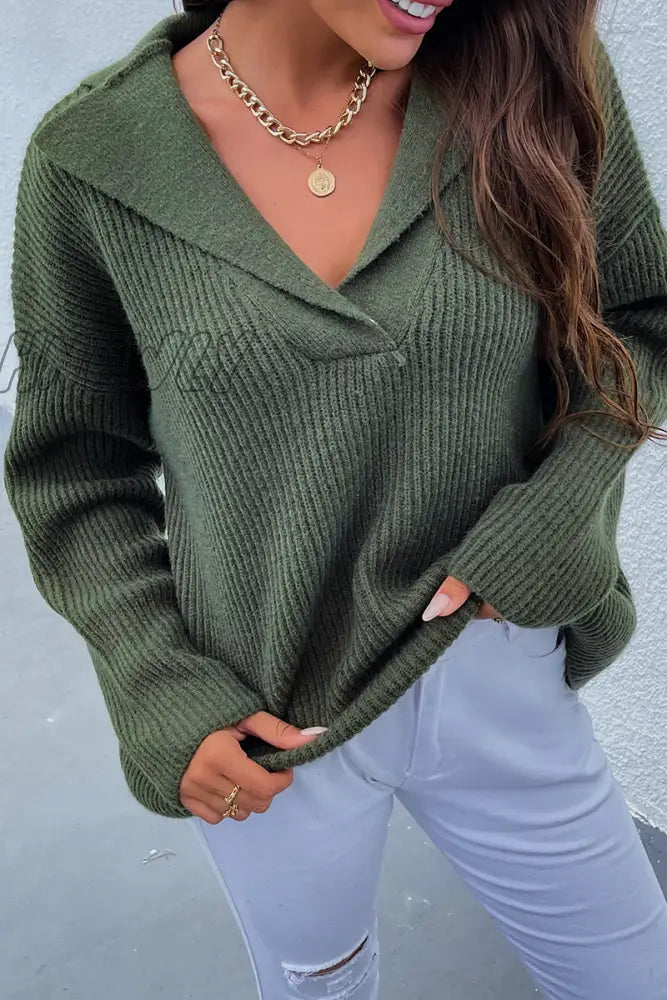 Hnewly - Casual Solid Patchwork Turndown Collar Tops Sweater(4 Colors) Army Green / S Tops/Sweaters
