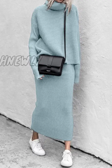 Hnewly - Casual Solid Patchwork Turtleneck Long Sleeve Two Pieces(5 Colors) Blue / S
