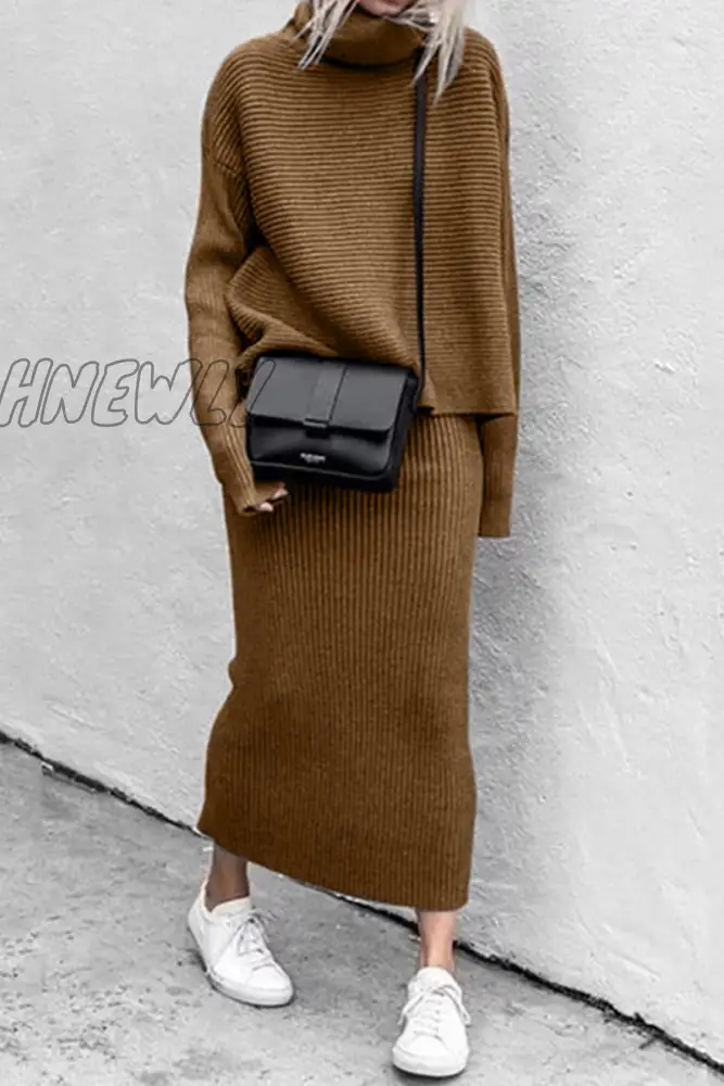 Hnewly - Casual Solid Patchwork Turtleneck Long Sleeve Two Pieces(5 Colors) Brown / S