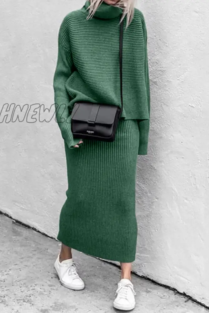 Hnewly - Casual Solid Patchwork Turtleneck Long Sleeve Two Pieces(5 Colors) Green / S
