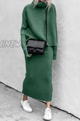 Hnewly - Casual Solid Patchwork Turtleneck Long Sleeve Two Pieces(5 Colors) Green / S