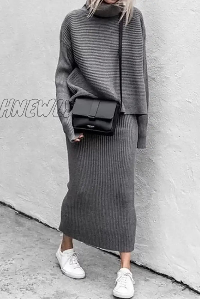 Hnewly - Casual Solid Patchwork Turtleneck Long Sleeve Two Pieces(5 Colors) Grey / S